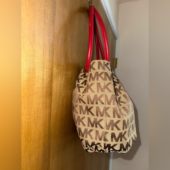 Michael Kors MK Logo Canvas Tote Bag Brown Red Leather Handles Tassel Purse - Picture 17 of 17